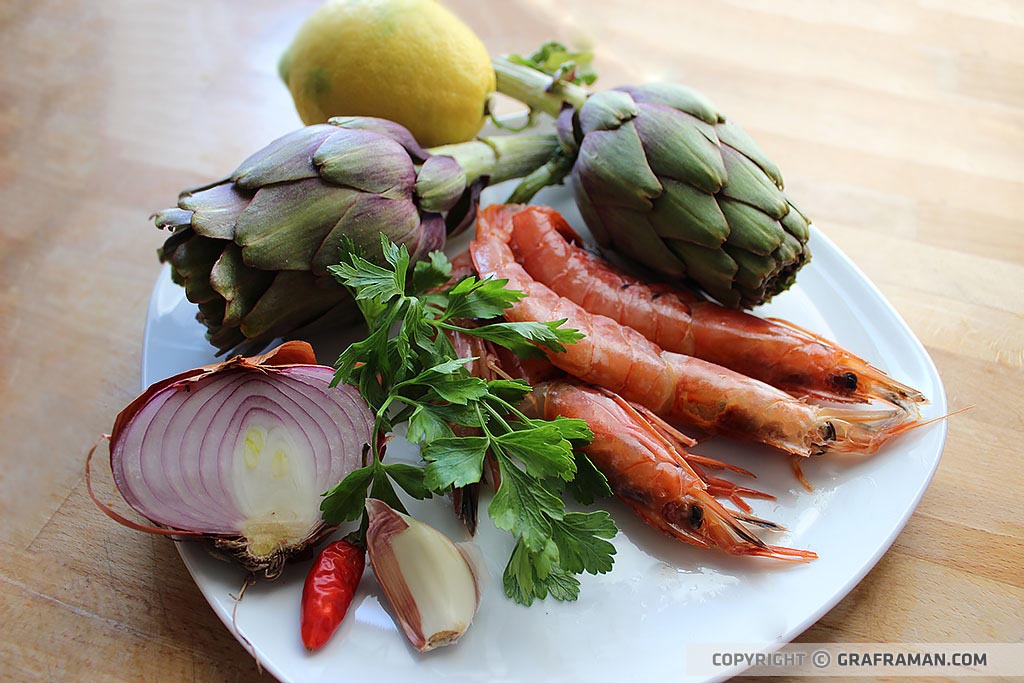 Scialatielli con carciofi e gamberoni