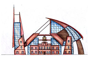 Inchiostro e pastelli, schizzo edificio