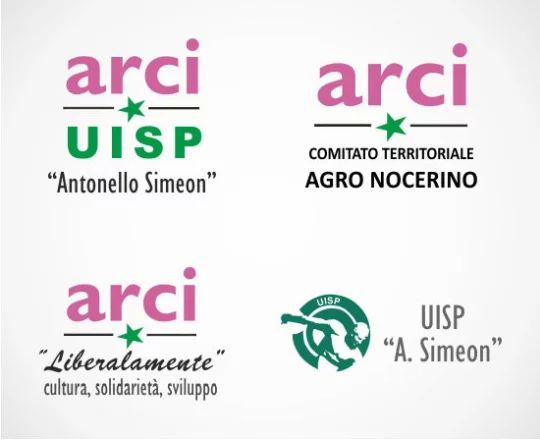 Loghi delle Associazioni culturali ARCI UISP A. Simeno, ARCI Liberalamente, ARCI Comitato Territoriale Agro Nocerino e UISP A. Simeon Nocera
