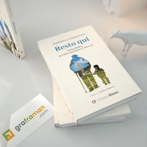 Copertina del libro vista dall'alto, con i modellini del borgo e della mucca sullo sfondo - Graframan