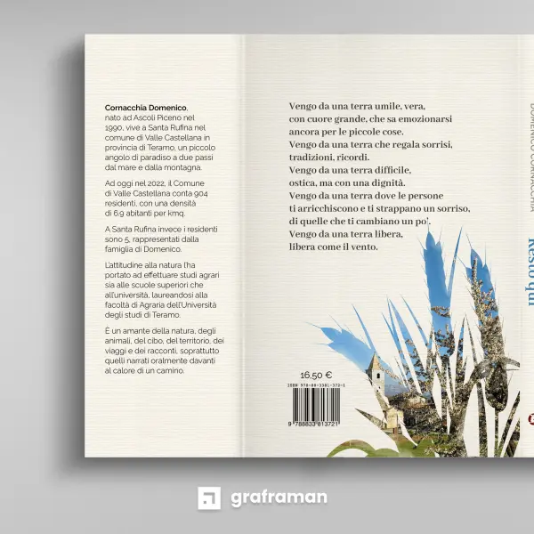 Bandella posteriore con la biografia dell'autore Domenico Cornacchia e retrocopertina del libro, con la poesia, il prezzo e il codice ISBN - Graframan