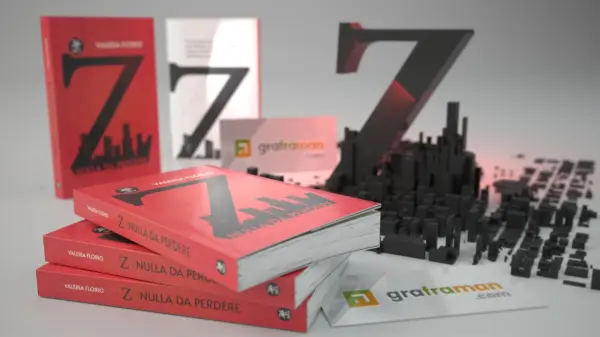 Veduta d’insieme con copertina, retro, pila di copie e la ricostruzione tridimensionale della metropoli ispirata al libro "Z. Nulla da Perdere" - Graframan