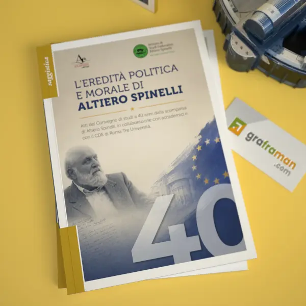 Vista prospettica dall'alto della copertina del libro sugli Atti del Convegno su Altiero Spinelli - Graframan