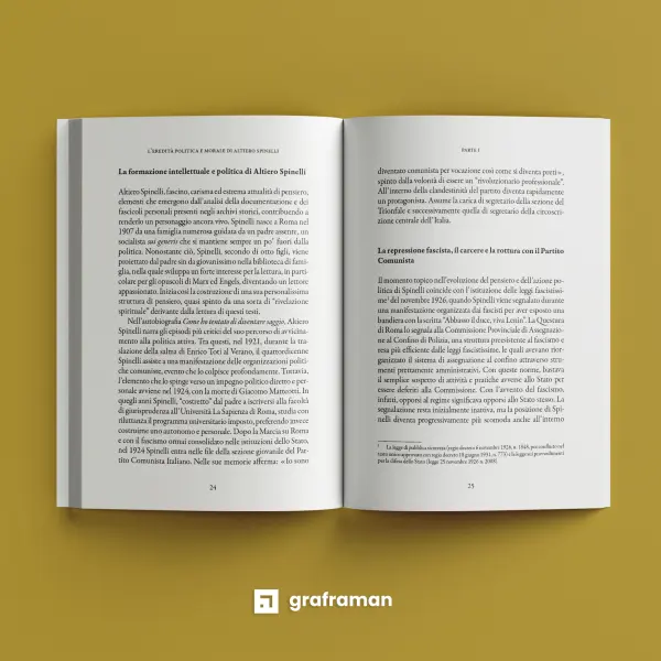 Doppia pagina interna con l'impaginazione del testo e delle note a piè di pagina del volume - Graframan