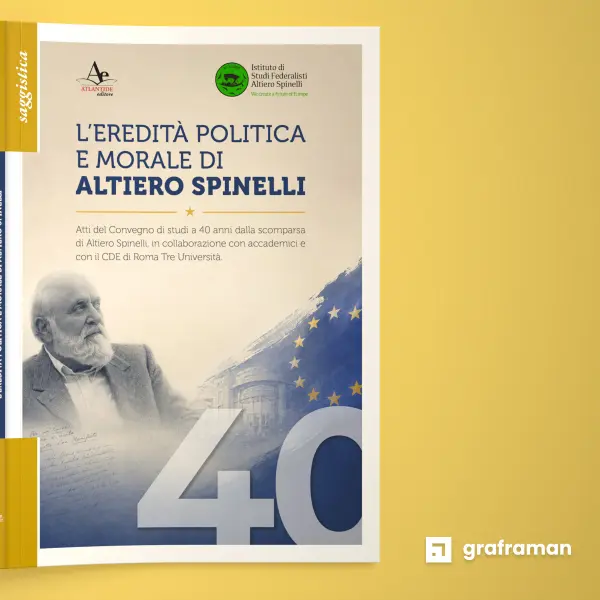 Copertina del libro aperta a libro, con dorso ed etichetta della collana saggistica in vista - Graframan