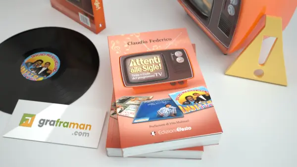 Copertina della prima edizione del libro "Attenti alle Sigle!", con le copertine dei dischi in vista e il vinile "Disco Meraviglioso" in primo piano - Graframan