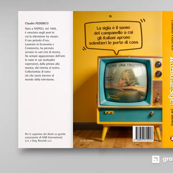 Quarta di copertina della seconda edizione del libro "Attenti alle Sigle! (di nuovo)", con il televisore vintage fotorealistico e la bandella con la biografia dell’autore - Graframan