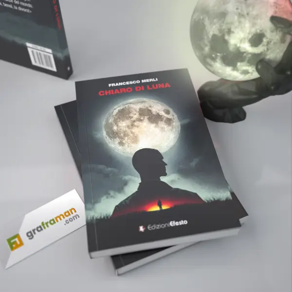 Rendering 3D ravvicinato della copertina frontale di "Chiaro di luna" appoggiata sulle copie, con la statuetta della mano artigliata sullo sfondo - Graframan