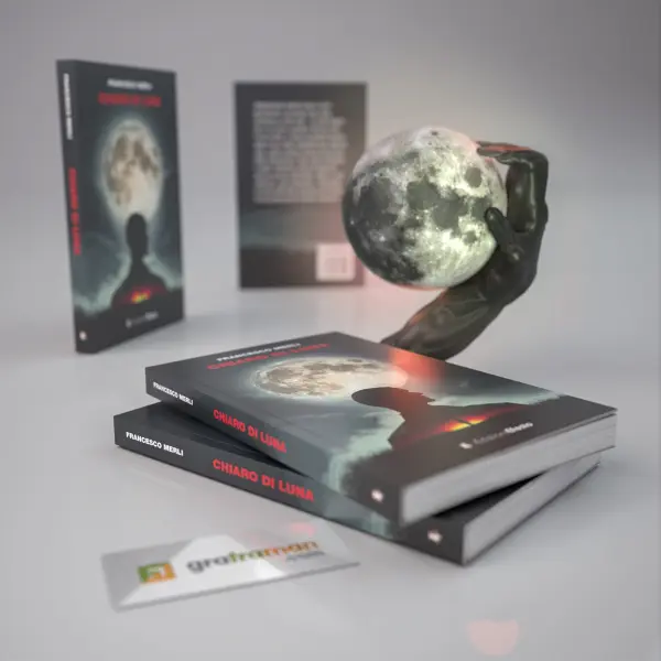 Rendering 3D della statuetta di mano artigliata che regge una luna luminosa, sopra le copie di "Chiaro di luna" impilate - Graframan