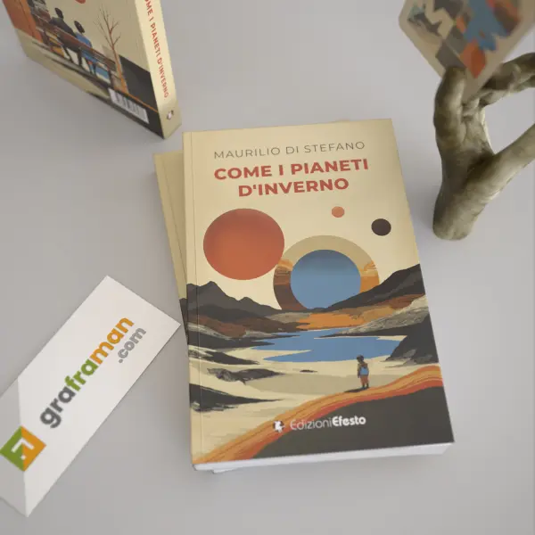 Rendering 3D dall'alto della copertina frontale di "Come i pianeti d'inverno" appoggiata sulle copie, con la carta dei tarocchi sfocata sullo sfondo - Graframan
