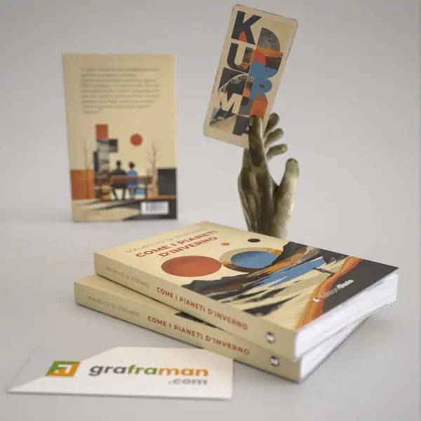Rendering 3D con la carta dei tarocchi "Kurma" sorretta da una mano scultorea, tra la copertina e il retro di "Come i pianeti d'inverno" impilate - Graframan