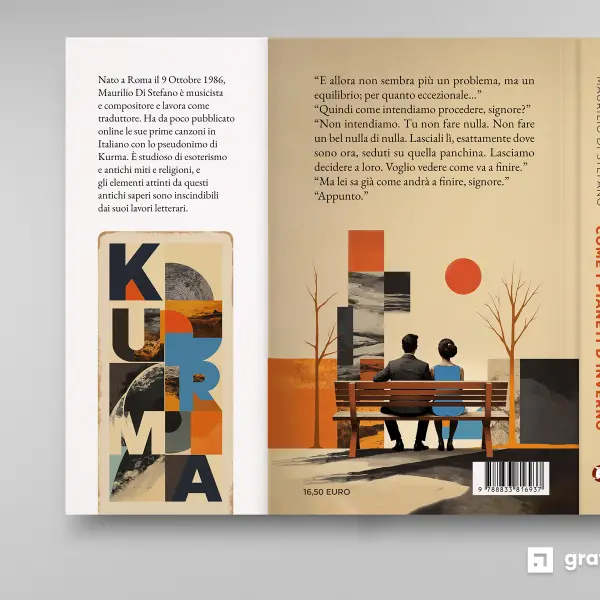 Mockup del retro copertina e dorso di "Come i pianeti d'inverno" con nota biografica dell'autore Maurilio Di Stefano - Graframan