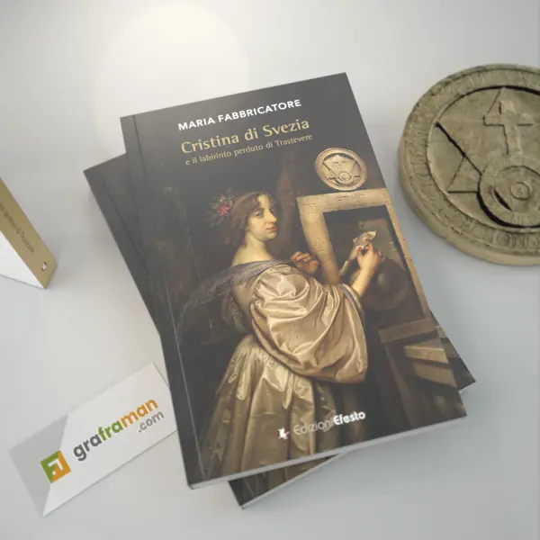 Rendering 3D ravvicinato della copertina frontale di "Cristina di Svezia e il labirinto perduto di Trastevere" appoggiata sulle copie, con la Porta Magica sfocata sullo sfondo - Graframan