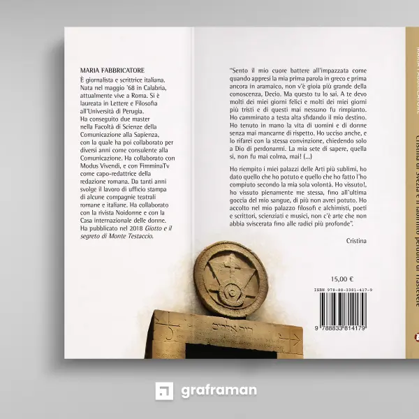 Mockup del retro copertina e dorso di "Cristina di Svezia e il labirinto perduto di Trastevere" con nota biografica dell'autrice Maria Fabbricatore e la Porta Magica - Graframan