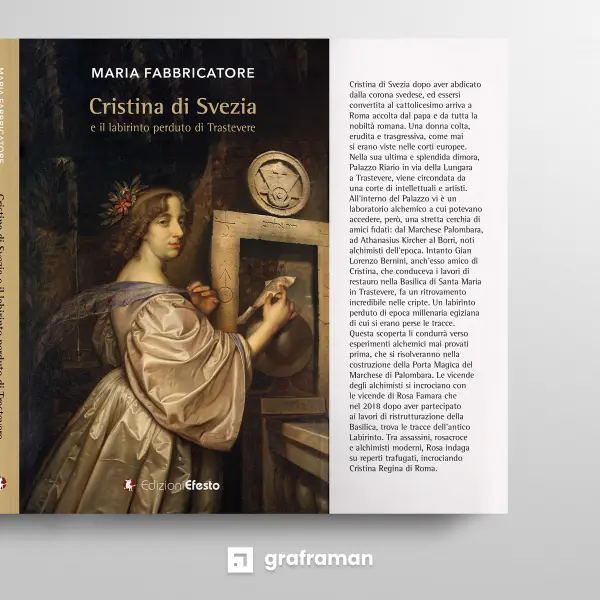 Mockup della copertina aperta di "Cristina di Svezia e il labirinto perduto di Trastevere" con la sinossi del romanzo - Graframan