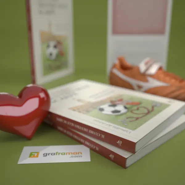 Dettaglio dei dorsi rossi di due copie del libro «Il cuore dentro alle scarpe», con titolo e logo Atlantide Editore, accanto a un cuore rosso lucido - Graframan