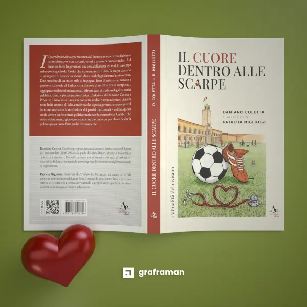 Copertina completa del libro «Il cuore dentro alle scarpe» distesa, con retro, dorso e fronte, e un cuore rosso lucido in primo piano - Graframan