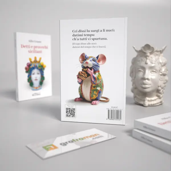 Mockup del retro di copertina con il proverbio del topo e la statuina in ceramica siciliana del libro "Detti e proverbi siciliani" - Graframan