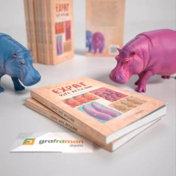 Rendering 3D con più copie di "Expat. Vite africane" impilate tra le statuine di ippopotamo blu e viola della scenografia - Graframan