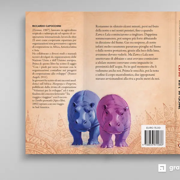 Mockup del retro copertina e dorso di "Expat. Vite africane" con nota biografica dell'autore Riccardo Capocchini - Graframan