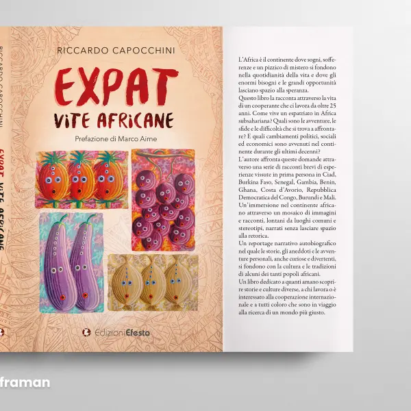 Mockup della copertina aperta di "Expat. Vite africane" con bandella e sinossi del libro - Graframan