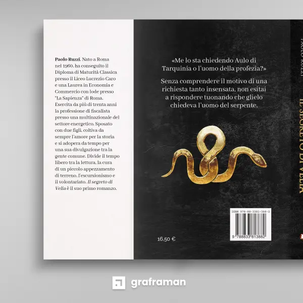Mockup del retro copertina e dorso di "Il segreto di Velia" con nota biografica dell'autore Paolo Ruzzi - Graframan
