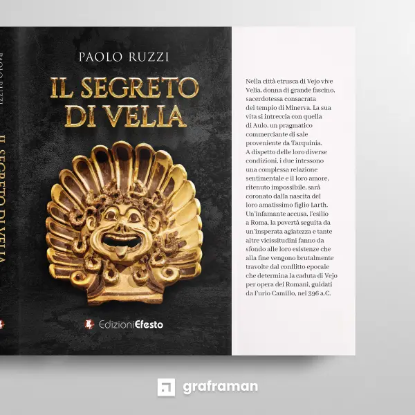 Mockup della copertina aperta di "Il segreto di Velia" con la pagina introduttiva del libro - Graframan