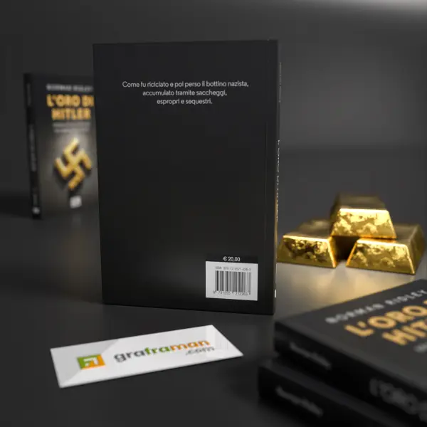Mockup del retro di copertina del libro "L'Oro di Hitler", con lingotti d'oro sullo sfondo - Graframan