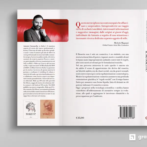 Mockup del retro copertina e dorso di "Il Rossetto" con foto e nota biografica dell'autore Antonio Ciaramella - Graframan