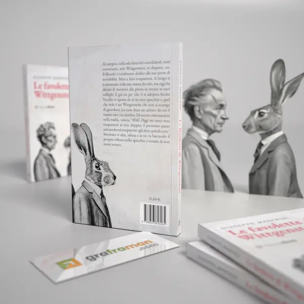 Rendering 3D ravvicinato del retro copertina de "Le favolette di Wittgenstein" con la sagoma del coniglio in giacca sullo sfondo - Graframan
