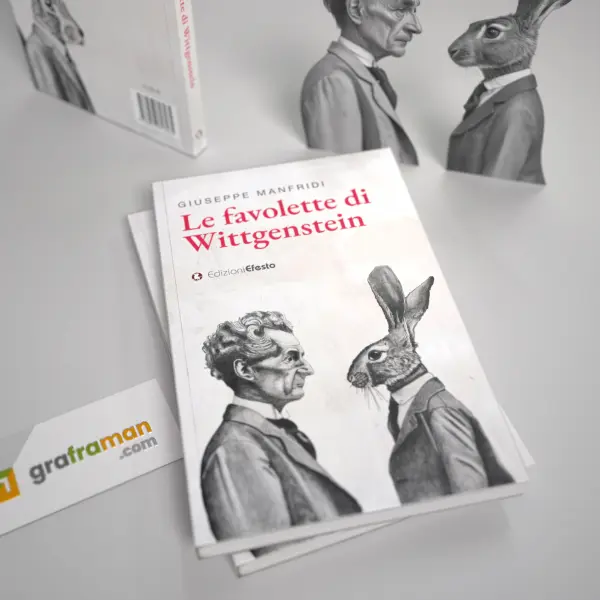 Rendering 3D ravvicinato della copertina frontale de "Le favolette di Wittgenstein" appoggiata sulle copie, con le sagome dei personaggi sullo sfondo - Graframan