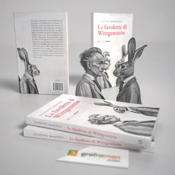Rendering 3D con le sagome ritagliate di Wittgenstein e del coniglio in giacca tra copertina e retro de "Le favolette di Wittgenstein" impilate - Graframan