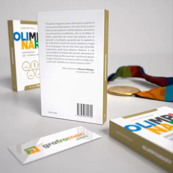 Rendering 3D ravvicinato del retro copertina di "Olimpionary" con medaglia olimpica e nastro sullo sfondo - Graframan
