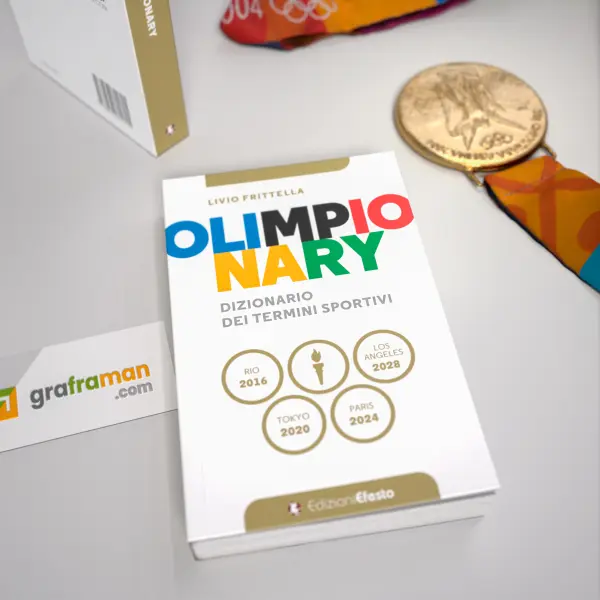 Rendering 3D ravvicinato della copertina frontale di "Olimpionary" accanto a una medaglia olimpica - Graframan