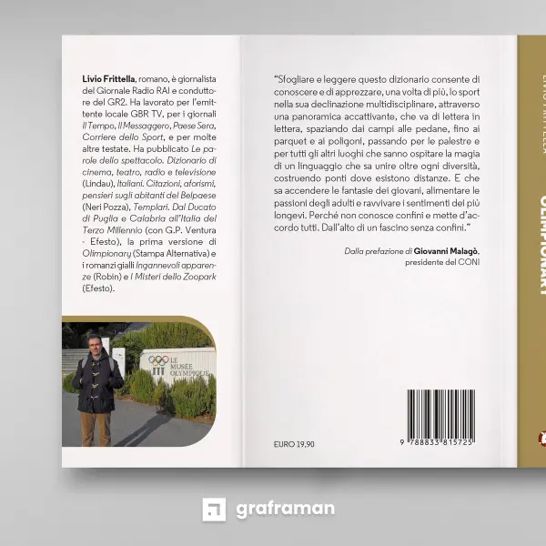 Mockup del retro copertina e dorso di "Olimpionary" con biografia e foto dell'autore Livio Frittella - Graframan