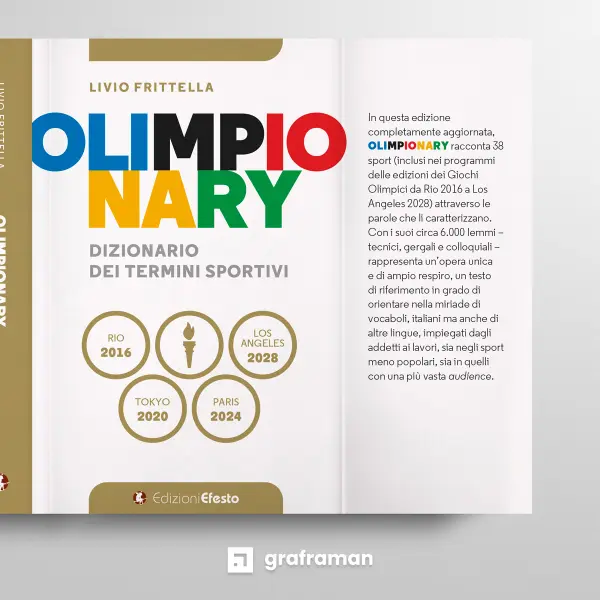 Mockup della copertina aperta di "Olimpionary" con bandella e descrizione dell'edizione aggiornata - Graframan