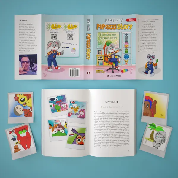 Mockup della sovraccoperta completa distesa di "Pupazzi Story" con bandelle, e di una doppia pagina interna con schede illustrate dei pupazzi - Graframan