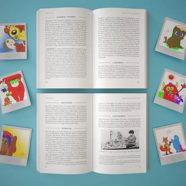 Mockup di due doppie pagine interne di "Pupazzi Story" con le schede su Wombles, Camomilla, Mac Ronay, Supercar e Leo Cabaret - Graframan