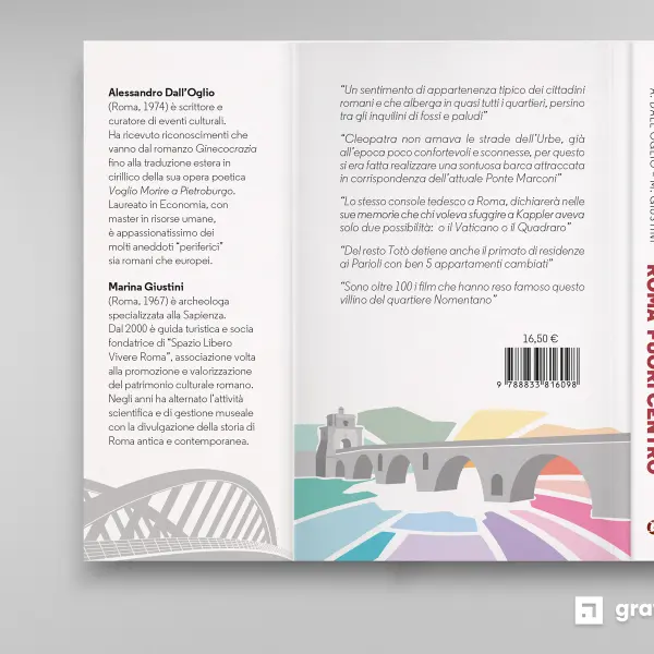 Mockup del retro copertina e dorso di "Roma fuori centro" con nota biografica degli autori Alessandro Dall'Oglio e Marina Giustini - Graframan