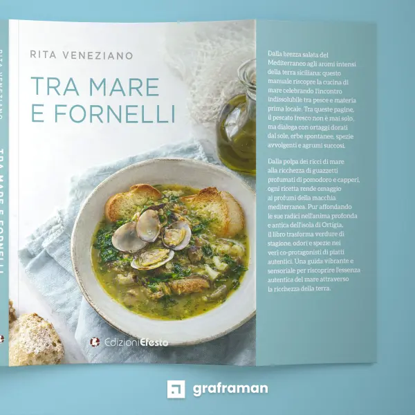 Copertina del libro «Tra mare e fornelli» con la bandella destra aperta, che riporta la presentazione del volume, accanto alla fotografia del piatto di vongole e crostini - Graframan