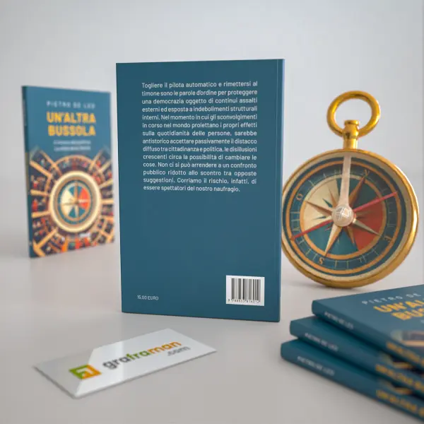 Mockup del retro di copertina con il testo di presentazione del libro "Un'altra bussola" - Graframan