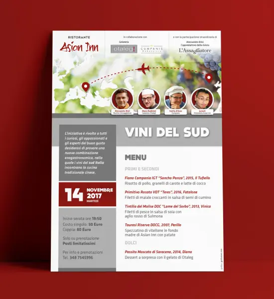 Locandina dell'evento "Vini del Sud" al ristorante Asian Inn, 14 novembre 2017 - Graframan