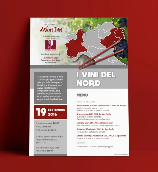 Locandina dell'evento "I Vini del Nord" al ristorante Asian Inn, 19 settembre 2016 - Graframan