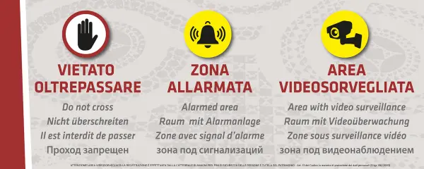 Pannello con le icone "vietato oltrepassare", "zona allarmata" e "area videosorvegliata" tradotte in cinque lingue - Graframan
