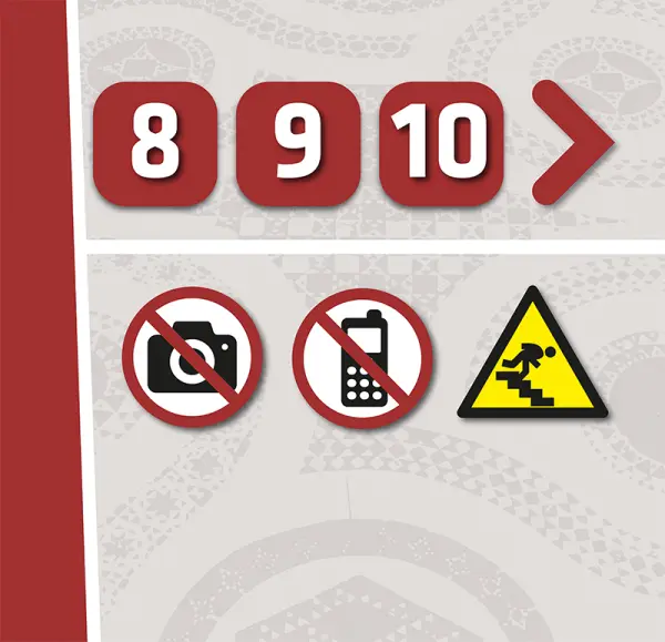 Pannello con i numeri di sala 8, 9 e 10 e le icone di divieto foto, cellulare e attenzione ai gradini - Graframan