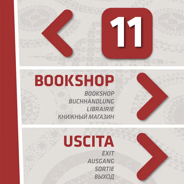 Pannello direzionale con il numero 11, "Bookshop" e "Uscita" tradotti in cinque lingue - Graframan