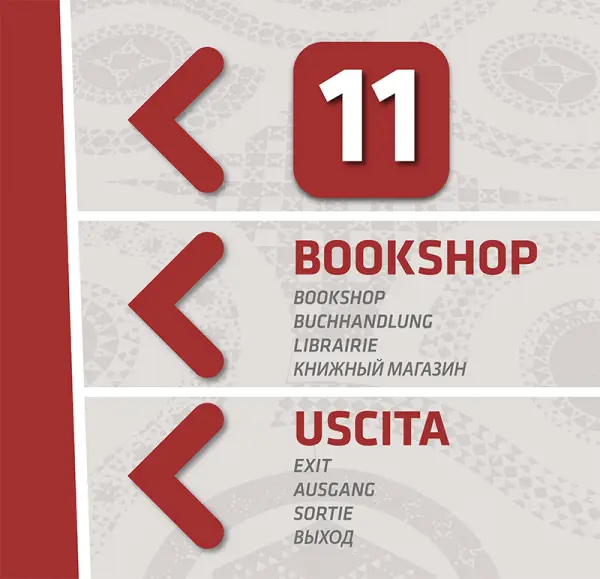 Pannello direzionale con frecce invertite per il numero 11, "Bookshop" e "Uscita" - Graframan