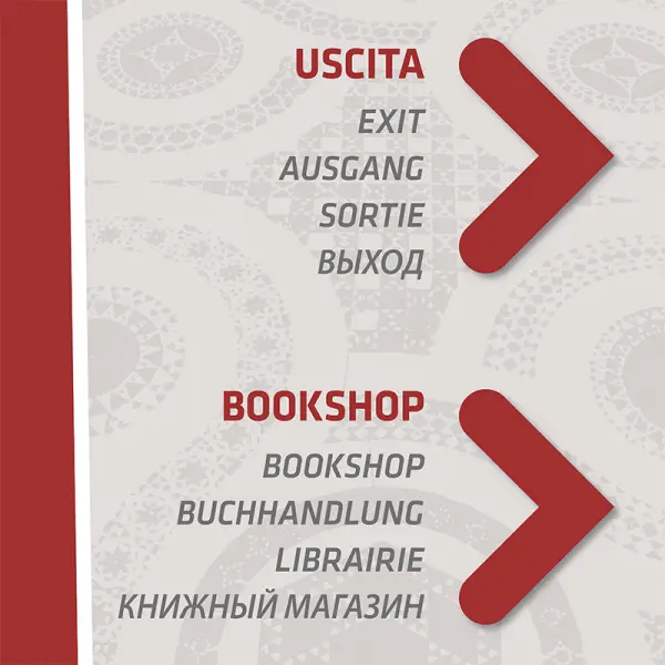 Pannello direzionale con "Uscita" e "Bookshop" impilati - Graframan