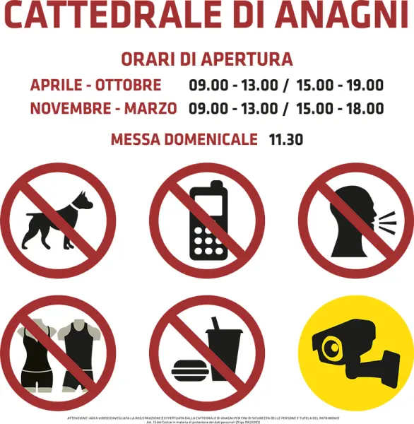 Pannello con gli orari di apertura della Cattedrale di Anagni e le icone di divieto per la visita - Graframan