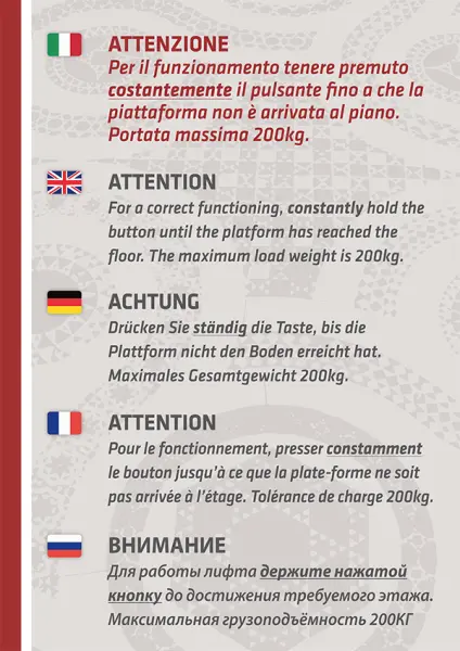 Pannello multilingue con le istruzioni di funzionamento della piattaforma elevatrice - Graframan